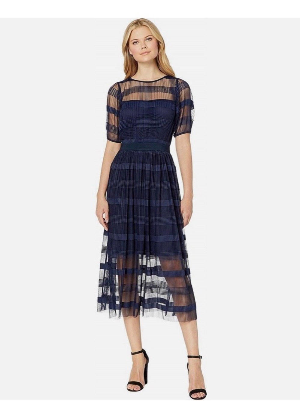Eci 167687 Womens Pleated Striped A-line Dress Short Sleeves Navy Size